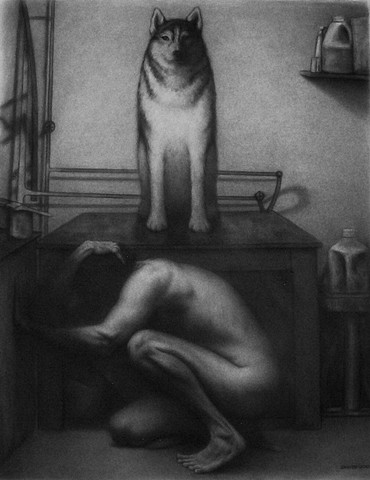 Interior charcoal drawing of male figure with dog