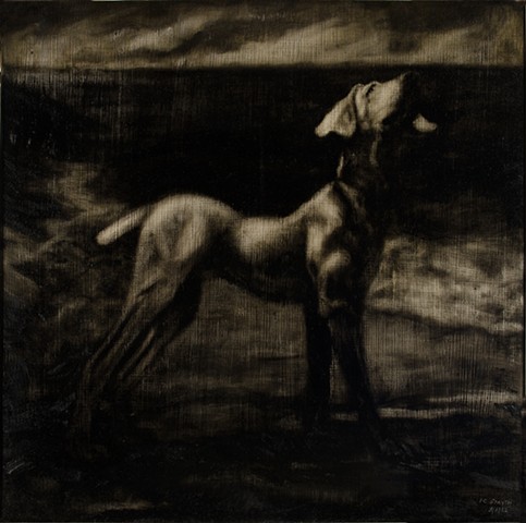 Center panel, oil on panel, nightscape with dog by ocean