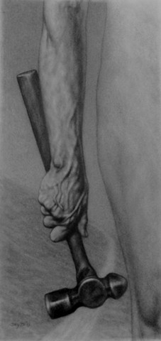 Graphite drawing of arm holding hammer, Fellowship or the Pensylvania Academy of the Fine Arts Collection