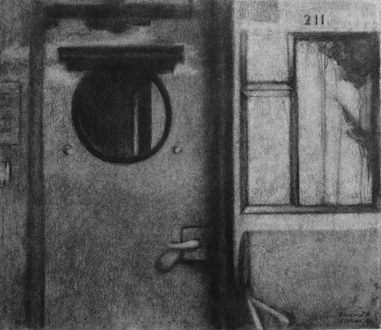 Charcoal drawing of a train interior