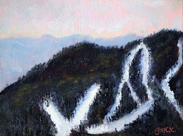 Oil painting of ski slopes and mountains