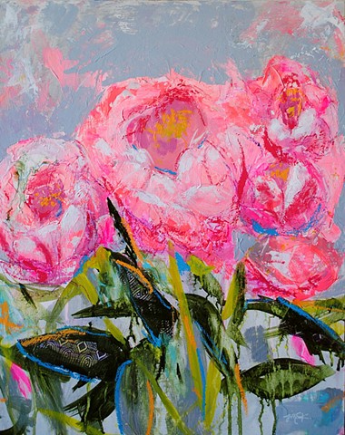 abstract floral painting with collage of peony flowers