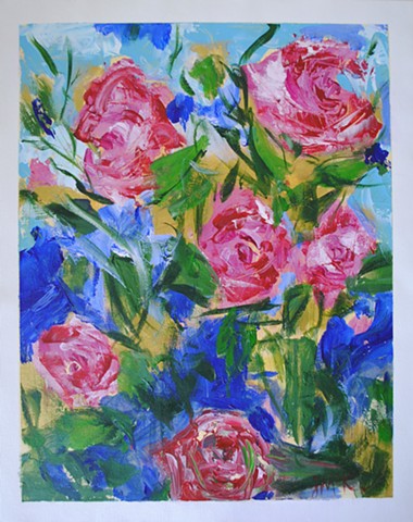 Bright, colorful floral painting on canvas paper
