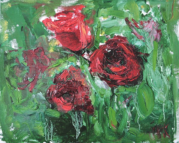 Oil painting of roses on canvas panel