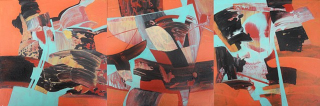 abstract, non-representational triptych in acrylic on canvas in aqua, red, tan and orange by Leslie J. Dulin.  