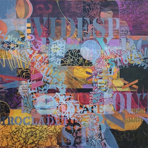 Abstract acrylic painting featuring words about Bonnaroo painted or collaged on canvas in maroon, purple, black and yellow by Leslie J. Dulin.