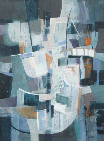 Abstract made of shapes in gray, white and blue-green with touches of orange.