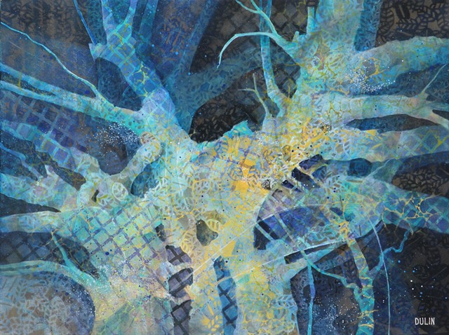 Abstracted tree acrylic painting in blue, turquoise, black, yellow, and green with stenciled patterns by Leslie J. Dulin.