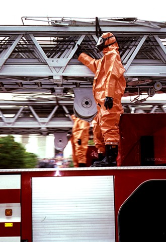 Hazardous Fireman. 1988. Athens, Greece. 3ft x 6ft. Cibachrome transparency.