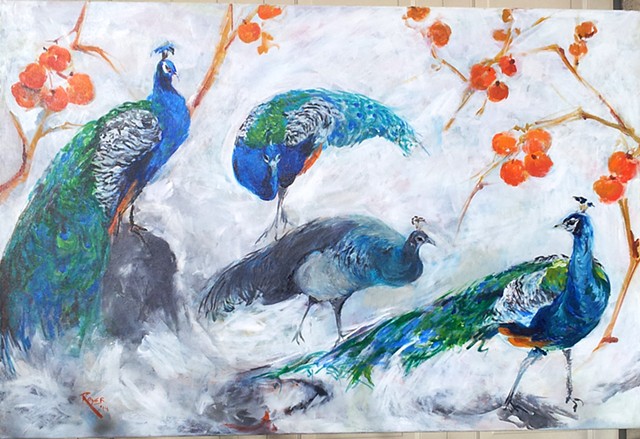 Peacocks and Persimmons in the Snow