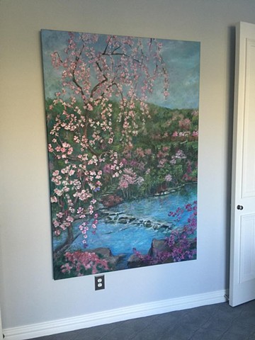 Weeping Cherry Blossom over Stream, Commissioned painting, 6' x 4'