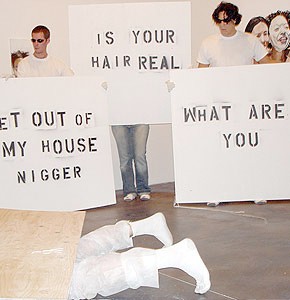 Michael Dixon self-portrait, racial identity, bi-racial art, performance art