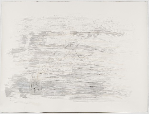 a large cream colored surface with an ink wash smudge all over it that seems like fog or smoke. Near the bottom and to the left of center is a pencil drawing of an A frame ladder. From one top corner of the ladder, white threads are pulled across the pape