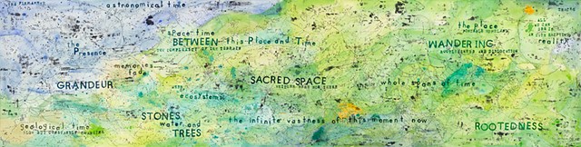 I use the imagery of a map, to explore my inscape, or internal landscape of time, place, and spirituality. I explore thoughts about my concerns about the environment, my small place in the universe, and the fleetingness of each moment.
