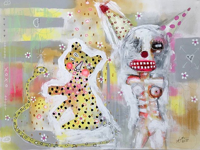 crude things outsider art, abstract leopard cat painting, circus clown art