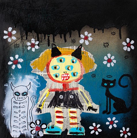 crude things lowbrow art, abstract cat paintings, childlike art