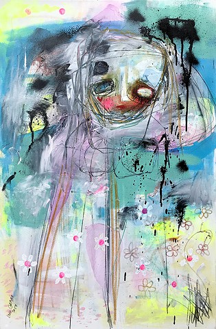 crude things outsider art, expressionism painting. absract sad girl. social anxiety art
