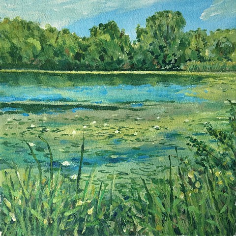 A plein air painting of small Round Lake by Phelan Park in St Paul.