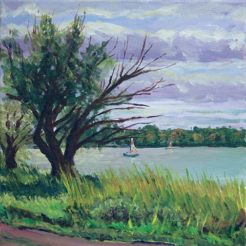 A plein air painting of Lake Nokomis from the east side and beginning of fall color.