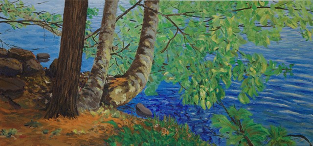 landscape painting of riverbank on a sunny day