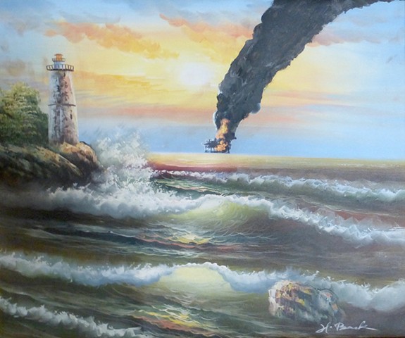 michael Thompson Chicago artist, oil rig explosion, Oil Rig Fire, Deep Water Horizon memorial picture, 