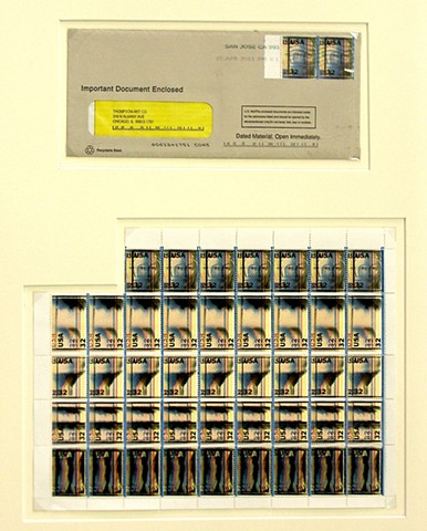 Michael Thompson Chicago artist, artistamps, Fake Postage Stamp, Double Impression, Print offset