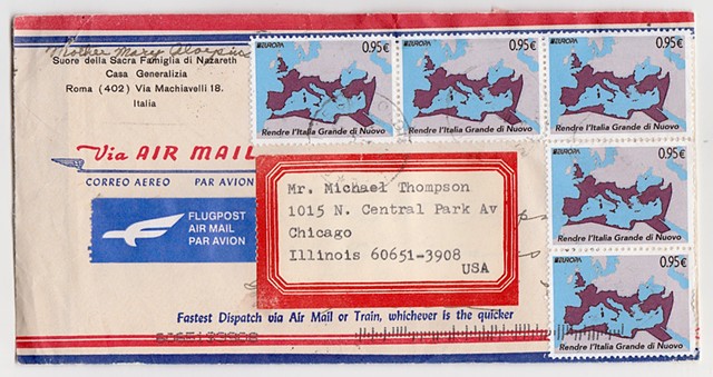 Italian stamp, Michael Michael Thompson Chicago artist, fake postage stamps. faux philately, artistamps