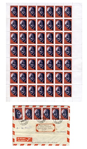 Michael Thompson Chicago artist, fake postage stamps, artiststamps, art stamps, Dalai Lama stamp