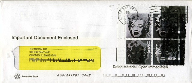 Michael Thompson Chicago artist, Marilyn Monroe postage stamp, fake stamps, overprinted postage stamp by Michael Thompson