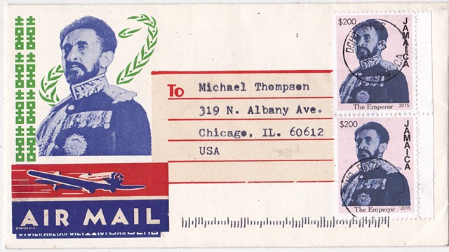 Michael Thompson Chicago artist, fake postage stamps, artiststamps, art stamps, Haile Selassie, Jamaica
