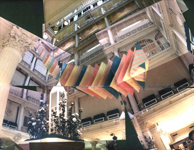 Michael Thompson Chicago artist, Marshall Fields State Street Store Atrium, suspended sculpture, Atrium art, atrium sculpture, Atrium art, hanging kites, segmented kites