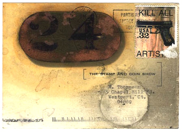 Kill All Artists, Fake stamp, Stamp and Coin Show, guns on stamps, artistamps, Michael Thompson Chicago artist