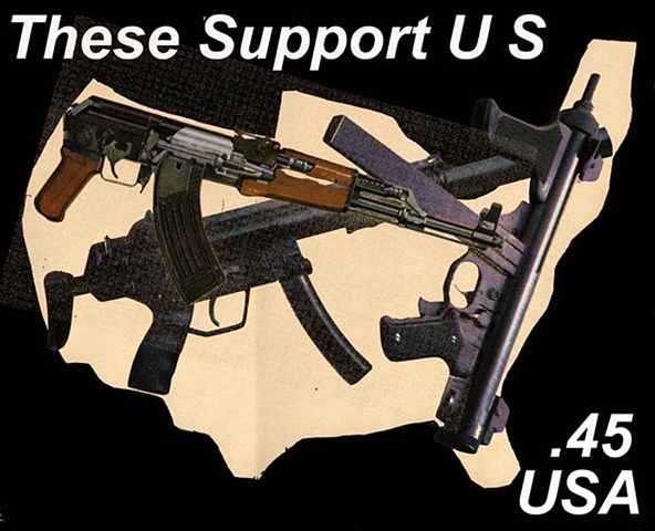 Michael Thompson Chicago artist, artistamps, Gun Support, NRA, Imaginary stamp supporting guns