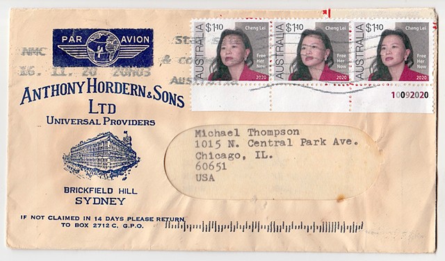 Michael Thompson art.com, fake postage stamps, artistamps, Chinese stamps, Cheng Lei detention