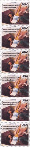 Michael Thompson Chicago artist, fake postage stamps, artiststamps, art stamps,Counterfeiter postage stamp