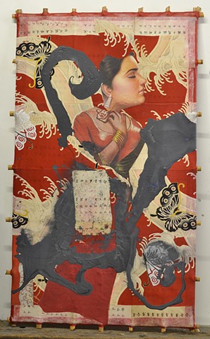 Michael Thompson Chicago artist, Kites, Decorative Kite, Pagoda Red, Calligraphy, Michael Thompson kites, oriental artwork