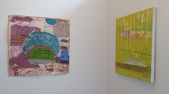 Left to Right: Bifrost, handmade paper, 30”x32”, 2015; Balcony, oil on canvas, 28”x25”, 2014