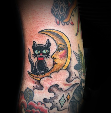 Tattoo By Jacek Minkowski Uglystyle ,Traditional, Tat, Ink, Tattoos, cat, moon