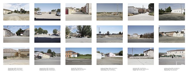 Archivo Territorio - proyecto Geografía - "Apeaderos (variación 1)" - (Tierra de Campos y Cerrato, Castilla y León).
18 fotografías de 29,7x42 cms/u. y 6 impresiones de texto sobre dibond de 14x20 cms/u. 2016-18.