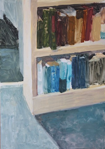 Kari Dunham, 40 Days Forty Sacraments, Day 11, gouache painting bookcase
