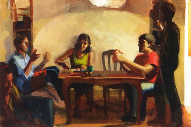 Kari Dunham, "The Table," figurative oil painting, multiple figures at table