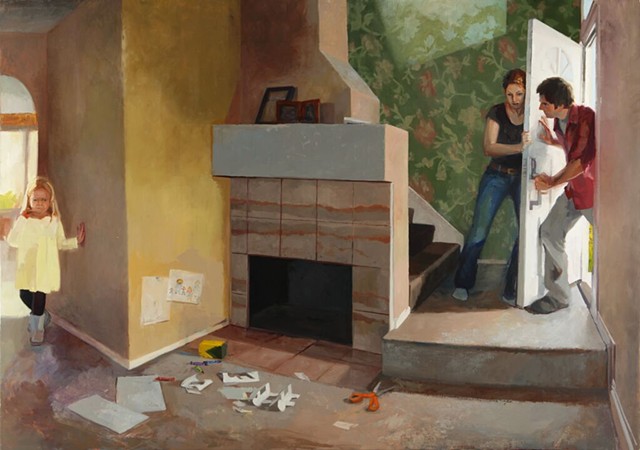 Kari Dunham, "Home is Not," figurative oil painting, figures in interior