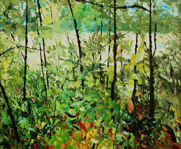 Abstract landscape of trees and river by Joel Barr Atlanta artist