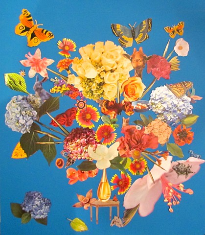 Collage in the manner of the Old Dutch masters Flower Paintings with animals and insects creeping into the arrangement