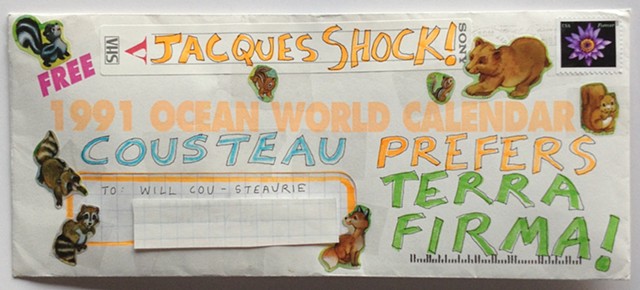 Envelope from the Cousteau Society, dated 1991, is decorated with stickers and colored markers, stamped and snailmailed to New York City as part of a 100 Day Project to create mail from recycled papers and goods