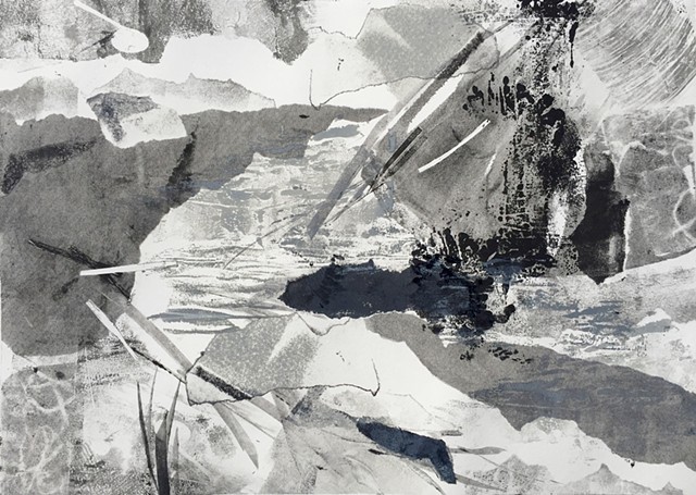 monotype, black and white, abstract landscape