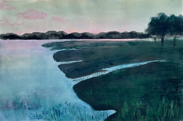 Tidal river marshlands after sunset