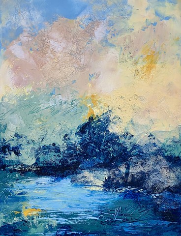 Oil painting using cold wax medium. Abstract contemporary art, landscape, countryside, marsh, texture, cloudburst