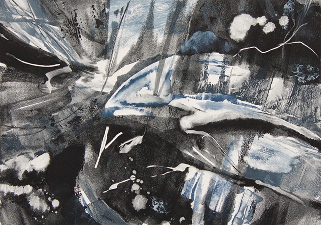An abstract contemporary monotype, a form of printmaking. Otherworldly, outer space.