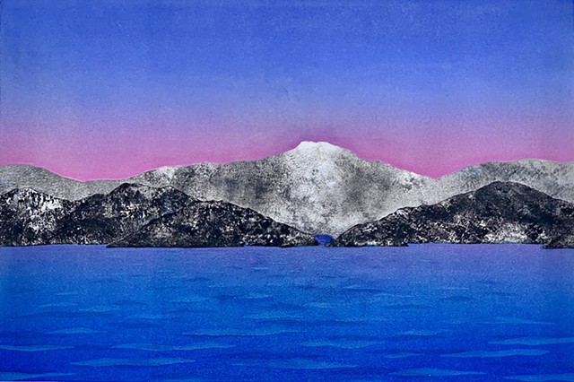 Mountain range, deep blue water, rose-colored sky